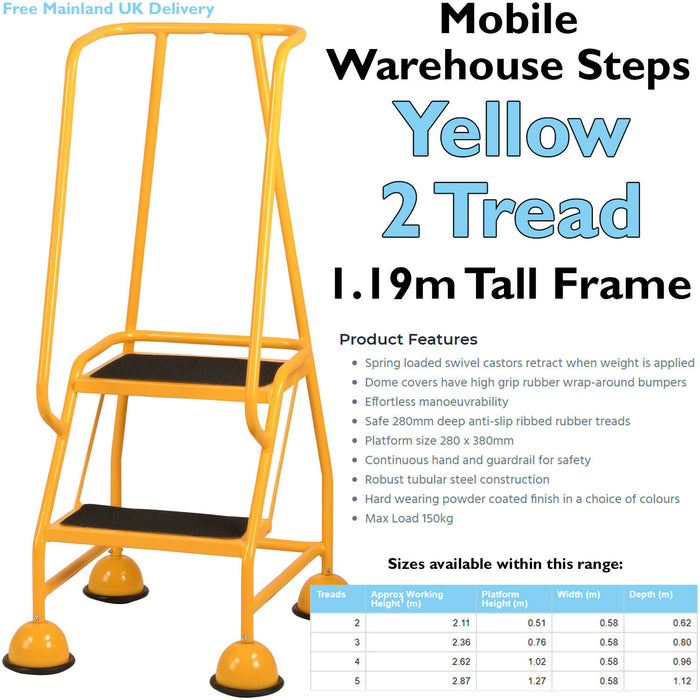 2 Tread Mobile Warehouse Steps YELLOW 1.19m Portable Safety Ladder & Wheels Loops