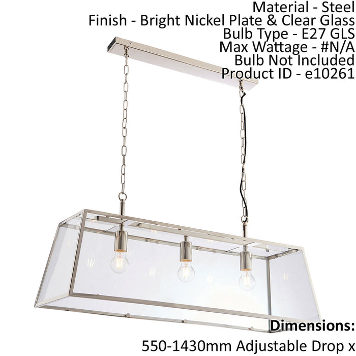 Ceiling Pendant Light Bright Nickel Plate & Clear Glass 3 x 40W E27 Loops