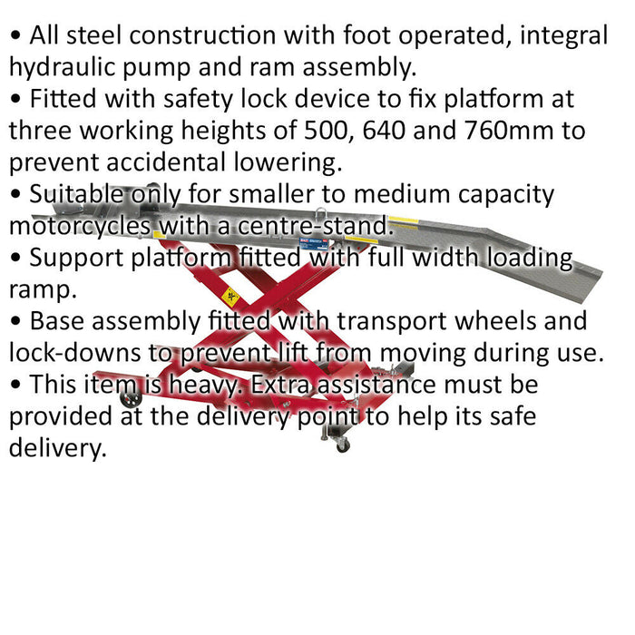Heavy Duty Hydraulic Motorcycle Lift - 365kg Capacity - 3 Locking Heights Loops