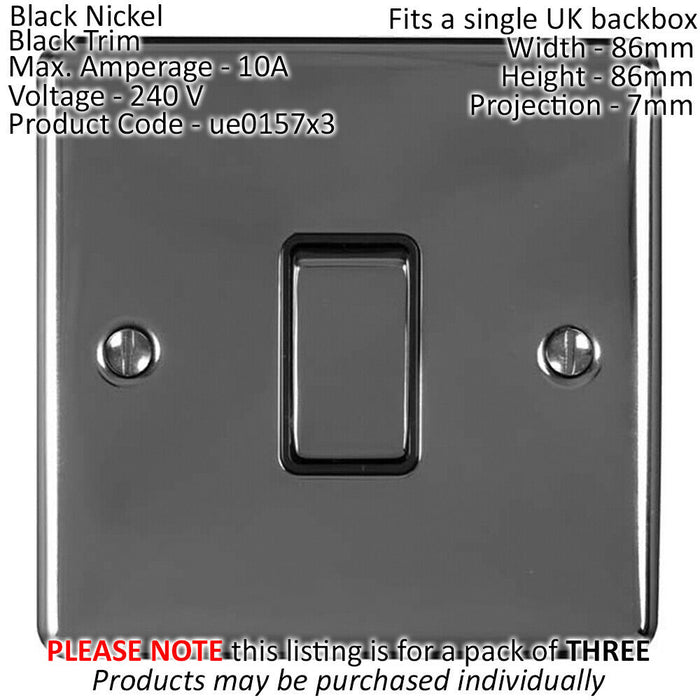 3 PACK 1 Gang Single Metal Light Switch BLACK NICKEL 2 Way 10A Black Trim Loops