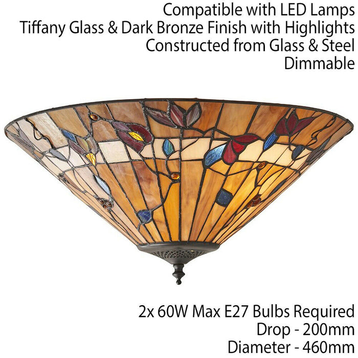 Tiffany Glass Semi Flush Ceiling Light Warm Floral Round Inverted Shade i00034 Loops