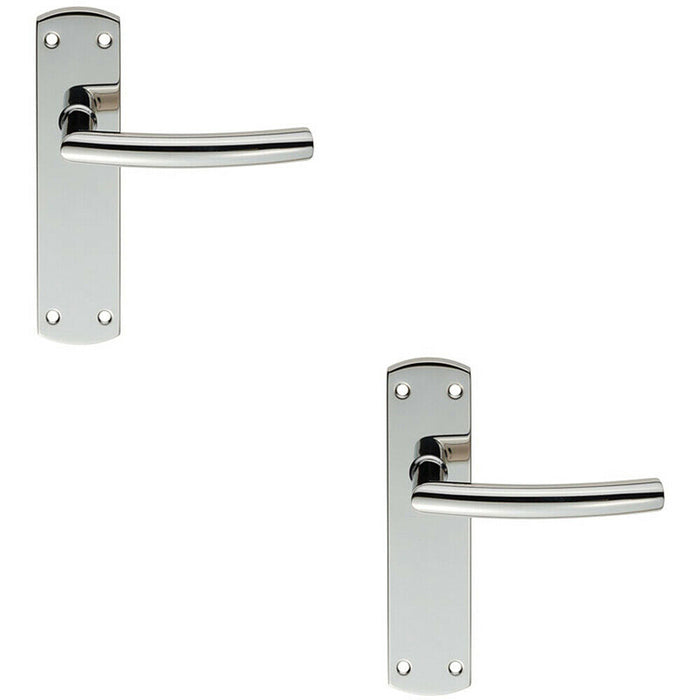 2x Curved Bar Lever Door Handle on Latch Backplate 172 x 44mm Polished Steel Loops