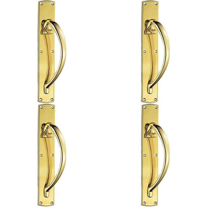 4x Right Handed Curved Door Pull Handle 457 x 75mm Backplate Polished Brass Loops
