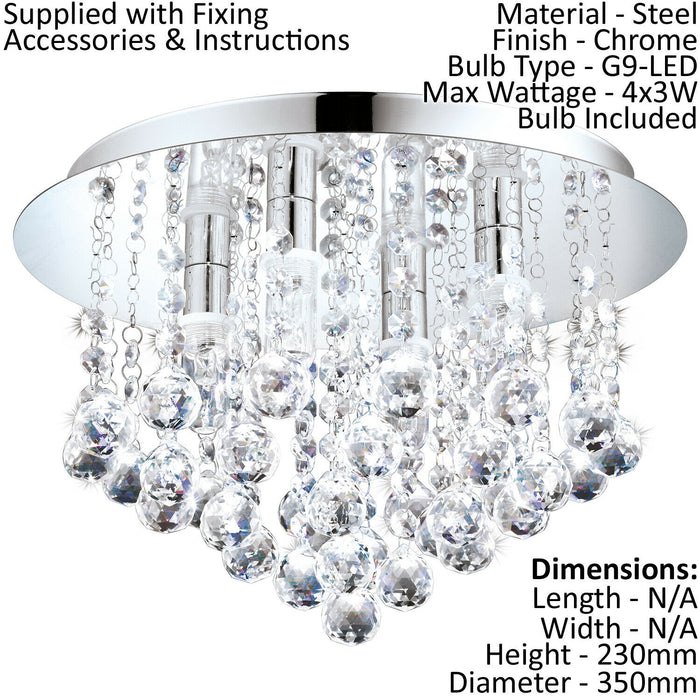 Flush Ceiling Light IP44 Bathroom Colour Chrome Shade Clear Crystal Bulb G9 4x3W Loops