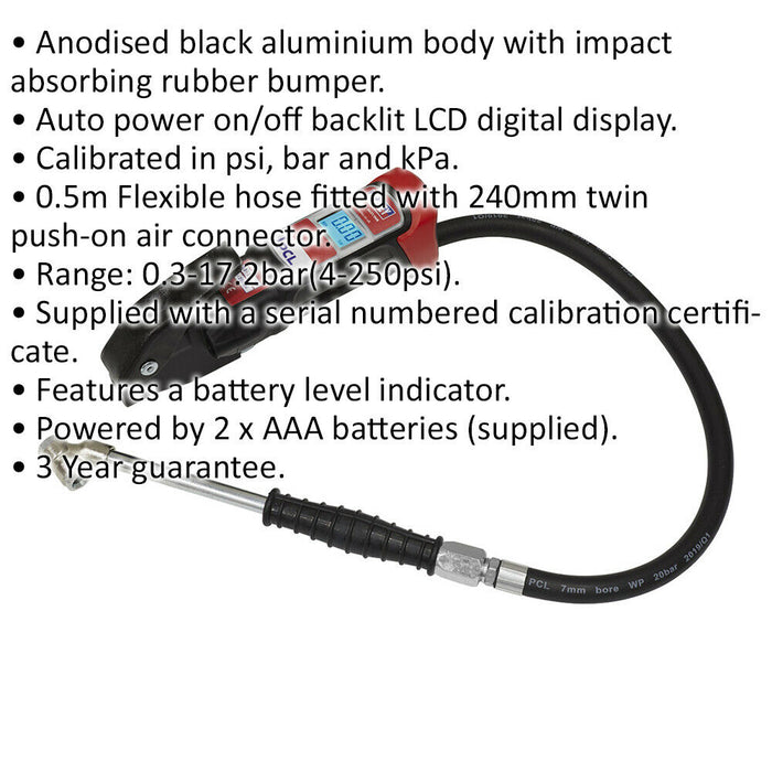 PRO Anodised Tyre Inflator - Twin Push-On Connector 240mm Long Reach Arm Gauge Loops