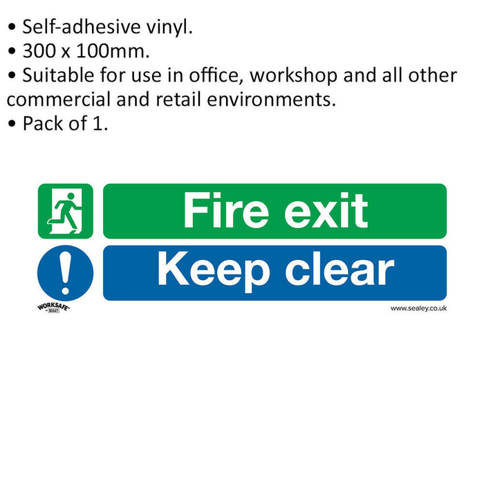 1x FIRE EXIT KEEP CLEAR Health & Safety Sign - Self Adhesive 300 x 100mm Sticker Loops