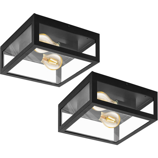 2 PACK IP44 Outdoor Wall Light Black & Glass Box Twin 60W E27 Porch Lamp Loops