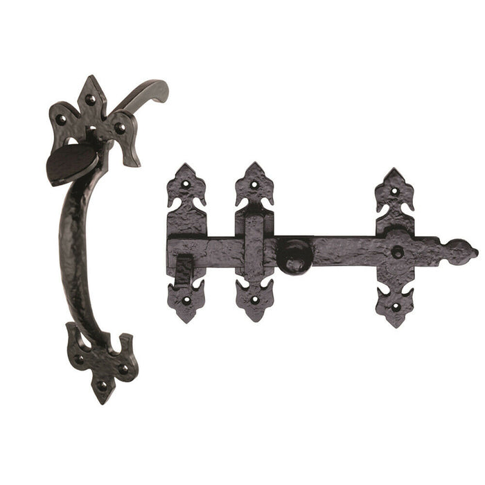 Ornate Suffolk Thumb Latch Door Handle Set for Outdoor Gates Black Antique Loops