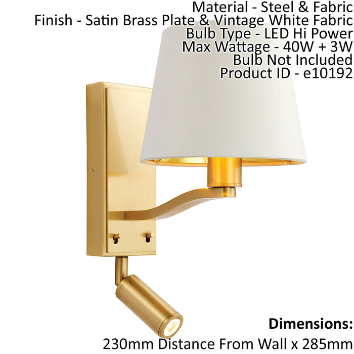 Wall Light Satin Brass Plate & Vintage White Fabric 40W E14 & 3W LED Loops