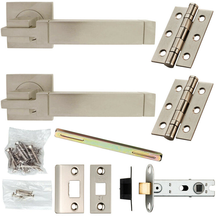 Door Handle & Latch Pack Satin Chrome Modern Cube Lever Screwless Square Rose Loops