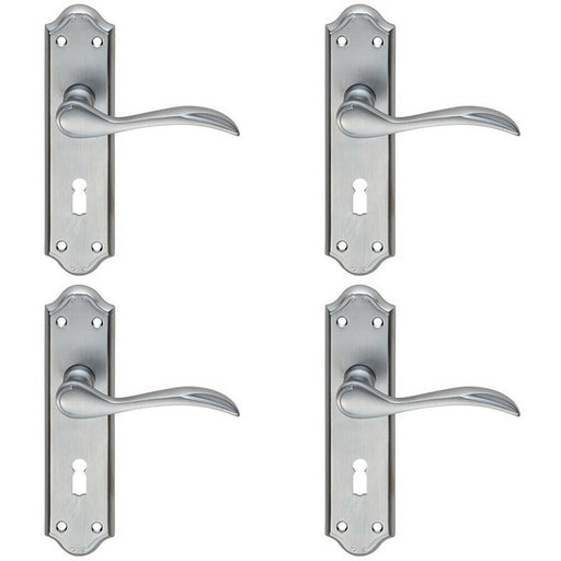4x PAIR Curved Door Handle Lever on Lock Backplate 180 x 45mm Satin Chrome Loops