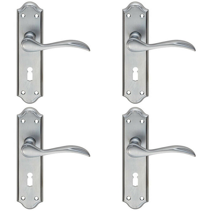 4x PAIR Curved Door Handle Lever on Lock Backplate 180 x 45mm Satin Chrome Loops