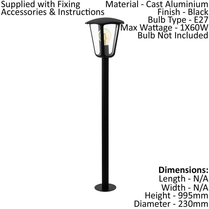 IP44 Outdoor Bollard Light Black Aluminium Lantern 1 x 60W E27 Bulb Lamp Post Loops