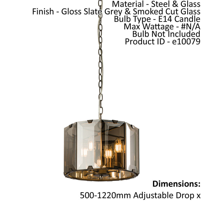 Ceiling Pendant Light Gloss Slate Grey & Smoked Cut Glass 4 x 40W E14 Loops