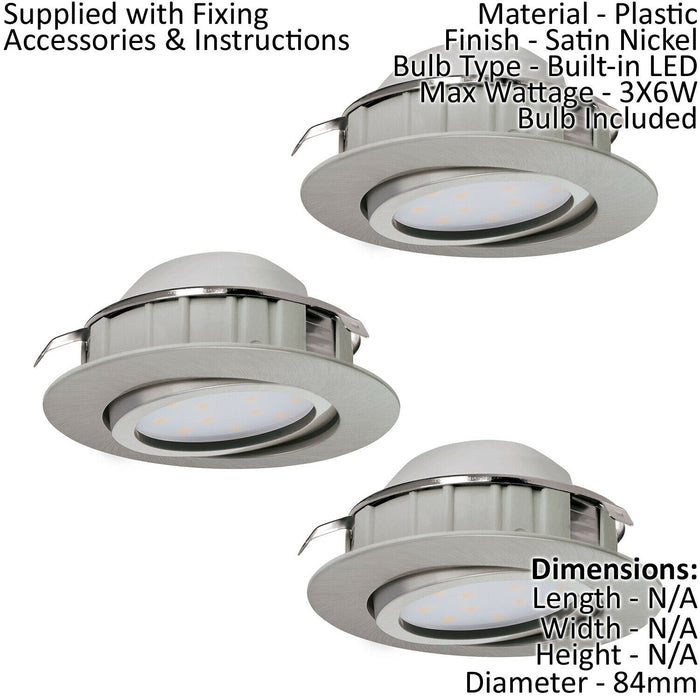 3 PACK Flush Ceiling Downlight Satin Nickel Adjustable 6W Built in LED Loops