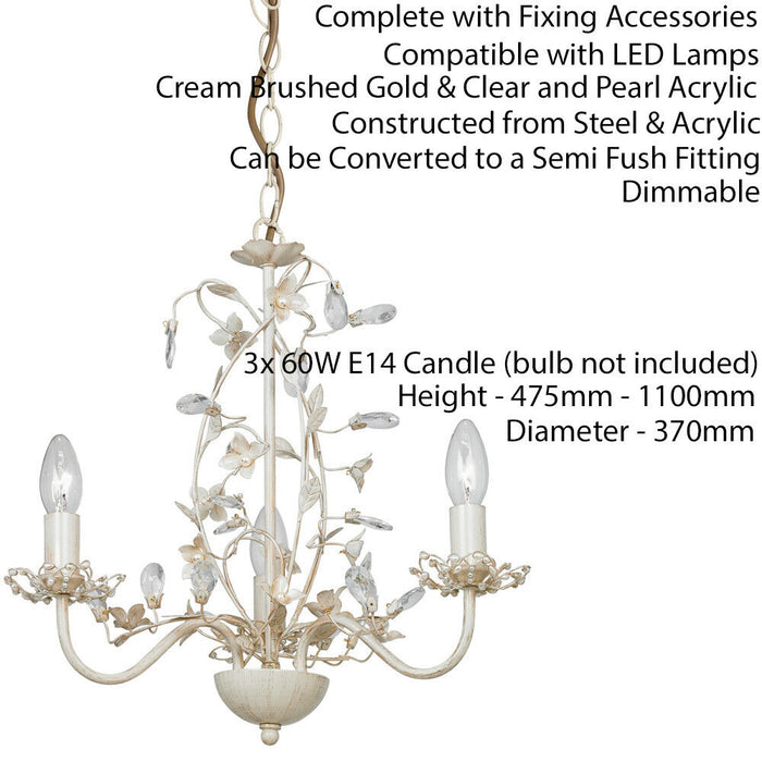 Hanging Flush Ceiling Pendant 3 Light CREAM GOLD Chandelier Lamp Bulb Holder Loops