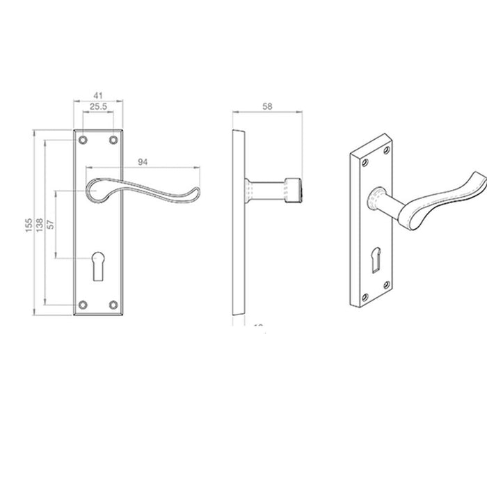 Victorian Scroll Handle on Rectangular Lock Backplate 155 x 41mm Satin Chrome Loops