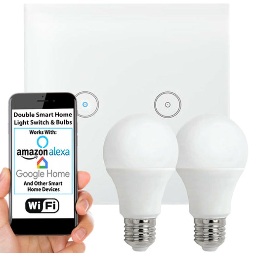 WiFi Light Switch & Bulb 2x 10W E27 Warm White Lamp & Double Wireless Wall Plate Loops