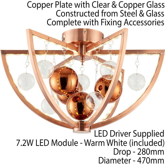 Semi Flush Ceiling Light Copper 7.2W Warm White LED Lamp Bulb Fitting Mounted Loops