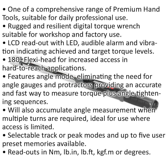 20 to 200Nm Digital Torque Wrench & Flexible Head - 1/2" Square Drive PREMIUM Loops
