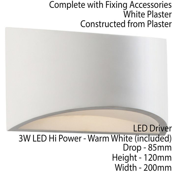 200mm LED Wall Light Warm White Primed White (ready to paint) Curved Bed Lamp Loops
