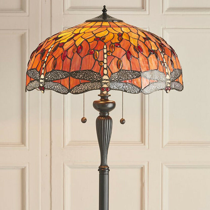 1.5m Tiffany Twin Floor Lamp Dark Bronze & Dragonfly Stained Glass Shade i00014 Loops