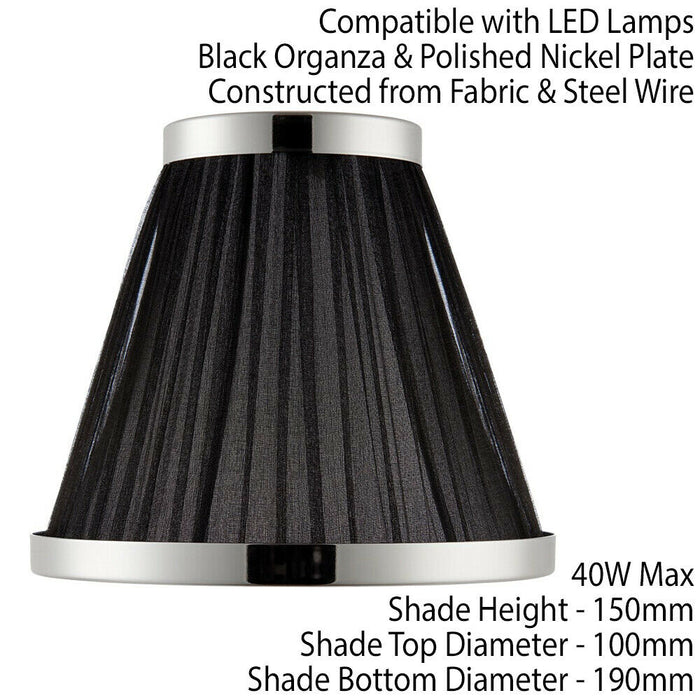 8" Luxury Round Tapered Lamp Shade Black Pleated Organza Fabric & Bright Nickel Loops