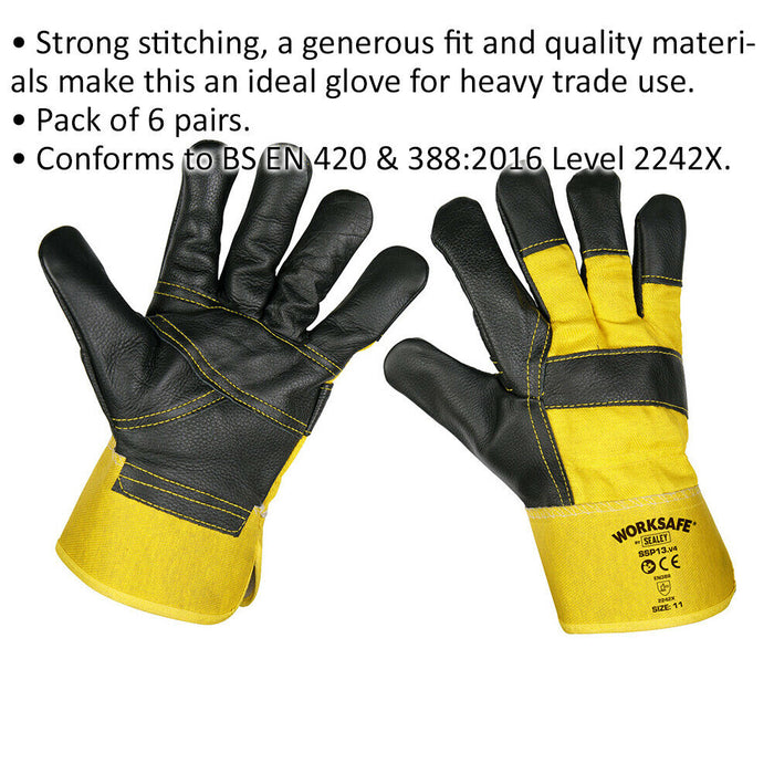 6 PAIRS General Purpose Riggers Gloves - Strong Stitching - Hide Palm Protection Loops