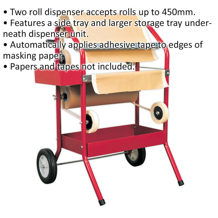 Masking Paper Dispenser Trolley - Holds 2 x 450mm Rolls - Two Storage Trays Loops