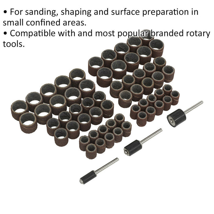 63 Piece Rotary Tool Sanding Band Set - 3mm Shaft - 12mm Wheel - 60 & 80 Grit Loops