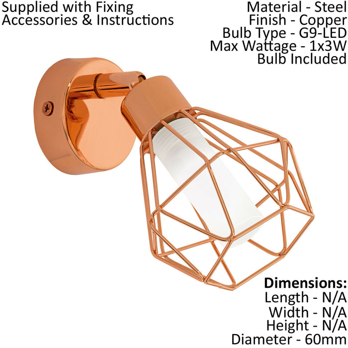 Wall 1 Spot Light Copper Steel Shade White Satin Glass Bulb G9 1x3W Included Loops