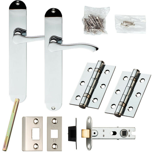Door Handle & Latch Pack Chrome Modern Scroll Lever Round Backplate 242 x 40mm Loops