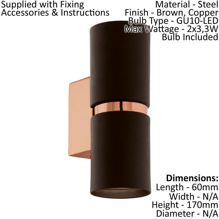 Wall Light Colour Copper Coloured Steel Brown Round Shade Bulb GU10 2x3.3W Loops