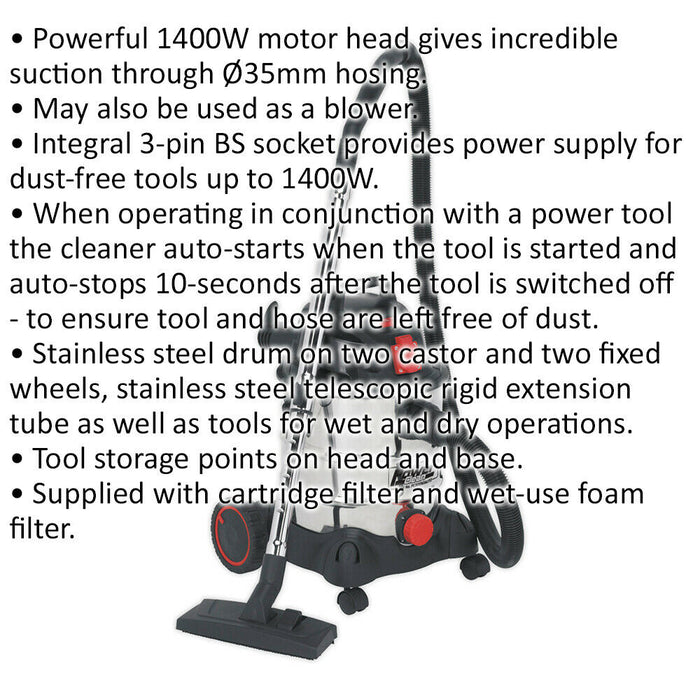 1400W Industrial Wet & Dry Vacuum Cleaner - 20L Steel Drum - Auto Start Feature Loops