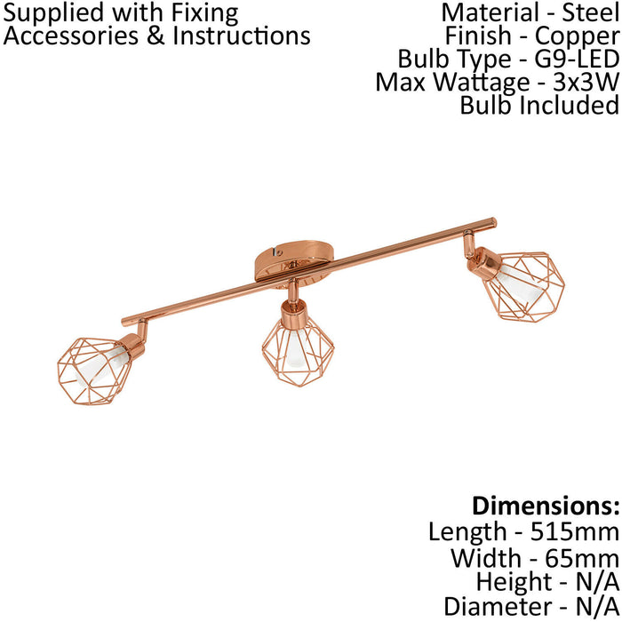 Flush 3 Spot Ceiling Light Copper Steel Shade White Satin Glass Bulb G9 3x3W Loops