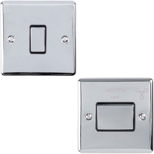 CHROME Bathroom Switch Set - 1x Light & 1x 6A Extractor Fan Isolator Switch Loops