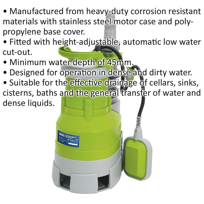 Submersible Dirty Water Pump - 225L/Min - Automatic Cut Out - 750W Motor - 230V Loops