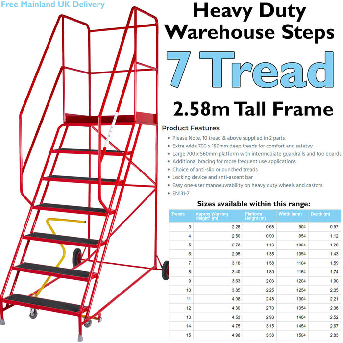 7 Tread HEAVY DUTY Mobile Warehouse Stairs Anti Slip Steps 2.58m Safety Ladder Loops