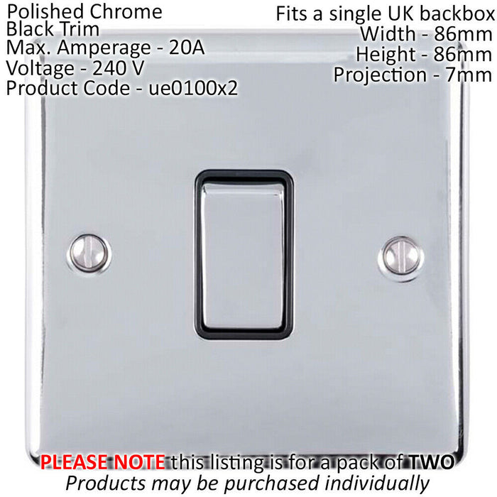2 PACK 1 Gang 20A DP Single Switch CHROME & Black Trim Appliance / Boiler Loops