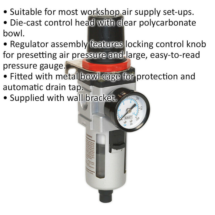 Workshop Air Filter & Regulator - Pressure Gauge - 3/8" BSP - Wall Bracket Loops