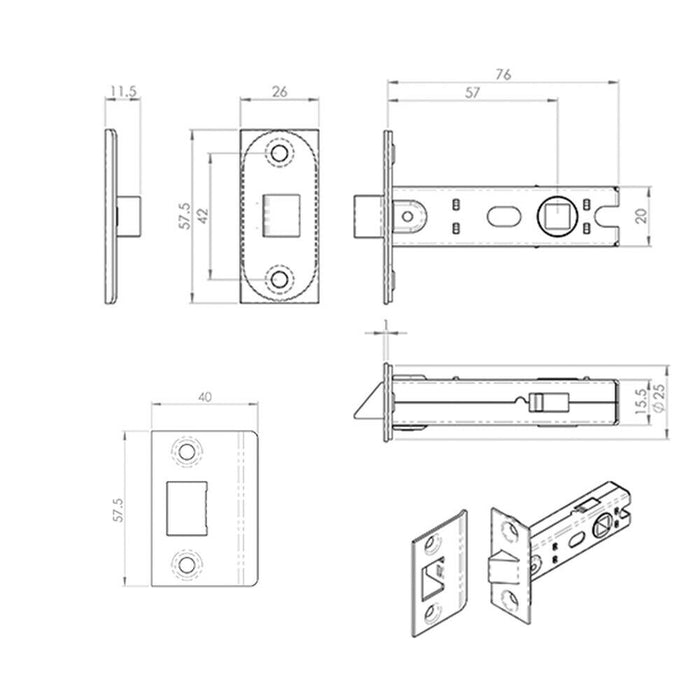 Door Handle & Latch Pack Chrome Slim Flat Lever Backplate Full Set 180 x 40mm Loops