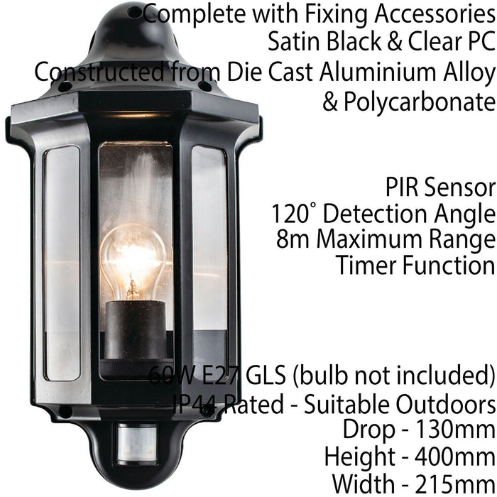 2 PACK IP44 Outdoor Wall Light Satin Black PIR Half Lantern Traditional Porch Loops