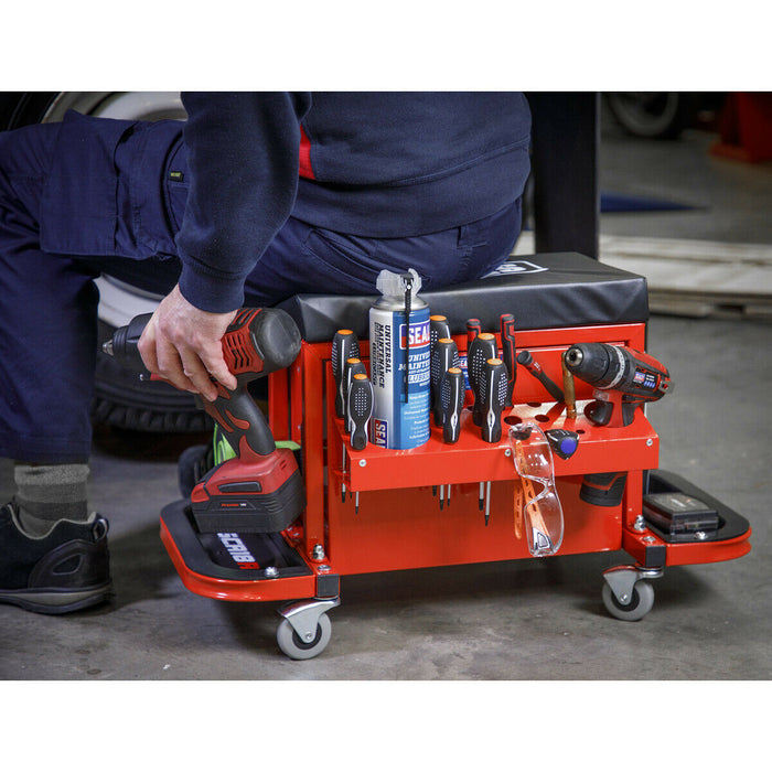 Mechanics Utility Seat & Toolbox - Folding Side Trays - 4 Swivel Castors - Red Loops