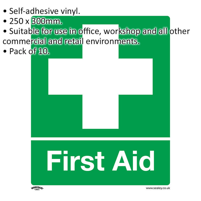 10x FIRST AID Health & Safety Sign - Self Adhesive 250 x 300mm Warning Sticker Loops