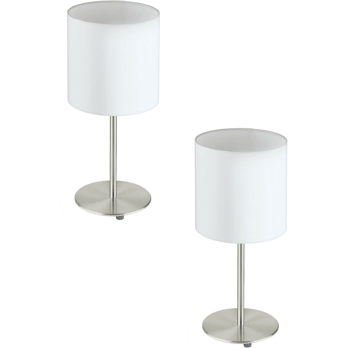 2 PACK Table Desk Lamp Colour Satin Nickel Steel Shade White Fabric E27 1x60W Loops