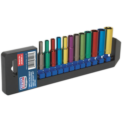 12 PACK Multi Colour DEEP Socket Set 1/4" Metric Square Drive - 6 Pt WallDrive Loops