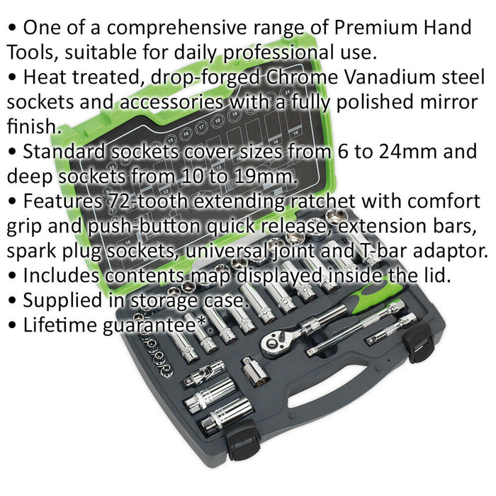 34pc PREMIUM Deep Socket & Ratchet Handle Set - 3/8" Square Drive 6 Point Metric Loops