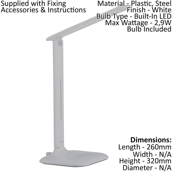 Table Desk Lamp Colour White Steel Touch On/Off DIm Bulb LED 2.9W Included Loops