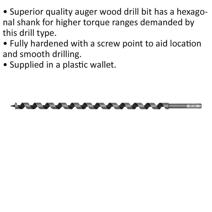 16 x 460mm Hardened Auger Wood Drill Bit - Hexagonal Shank - Woodwork Timber Loops