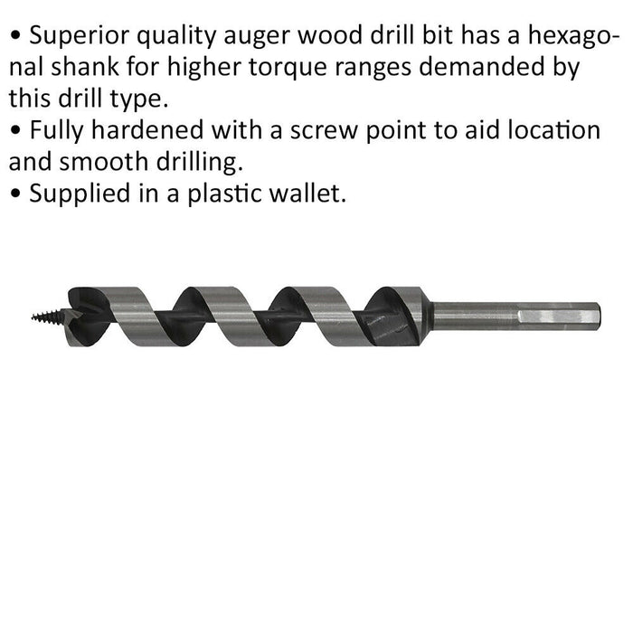 25 x 235mm Hardened Auger Wood Drill Bit - Hexagonal Shank - Woodwork Timber Loops